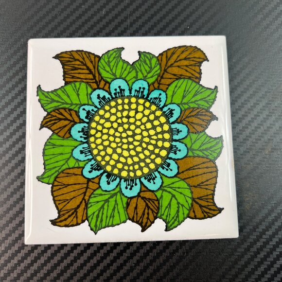 VTG Holt Howard Flower Tile Green Brown Metal Trivet 1970s Japan Ceramic Kitsch - Picture 12 of 15